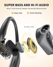 Open-Ear Headphones, Over Ear Earbuds with Ear Hooks, True Wireless Bluetooth Earphones with Microphone, Touch Control, Clear Calls, 60H Playtime, IPX7 Waterproof for Running and Workouts